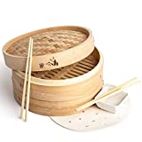 Prime Home Direct Bamboo Steamer Basket 12-inch | 2-Tier Vegetable Steamer for Cooking | Dumpling Maker | Food Steamer Pot | Veggie Steamer | 2-Pairs of Chopsticks, 1 Sauce Dish & 50 Perforated Liners