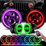 YEEGO DIRECT DOT Approved 7" RGB Halo Wrangler Headlights + 4" RGB LED Fog Lights Halo Ring Amber Combo Kit For Wrangler 1997-2017 JKU JK Rubicon TJ LJ Willy Wheeler Sahara, Bluetooth Remote Control