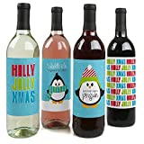 Big Dot of Happiness Holly Jolly Penguin - Holiday and Christmas Party Decorations for Women and Men - Wine Bottle Label Stickers - Set of 4