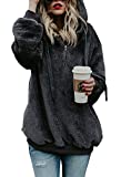 Lady Furry Zip Up Hooded Sweatshirt Sherpa Fleece Cozy Baggy Hoodie Pullover Fuzzy Outwear Dark Grey XL