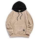 ZAFUL Fashion Hooded Sweatshirts Unisex Colorblock Splicing Drawstring Fluffy Faux Fur Hoodies Pullover (Small, Black and Light Khaki - with Pocket)