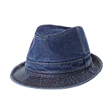 WITHMOONS Denim Fedora Hat Plain Stitch Washed Short Brim DW6646 (Blue, L)