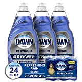 Dawn Dish Soap Platinum Dishwashing Liquid + Non-Scratch Sponges for Dishes, Refreshing Rain Scent, Includes 3x24oz + 2 Sponges (Packaging May Vary)