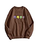 Meladyan Women’s Oversized Smiley Face Graphic Sweatshirts Crewneck Long Sleeve Solid Casual Loose Pullover Tops Brown