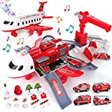 Airplane Toys Set with Transport Cargo with 4pcs Fire Fighting Theme Vehicles car Toy, Plane Toys with Lights and Sounds, Educational Vehicle Airplane Car Set for 3 4 5 6 Years Old Boys and Girls