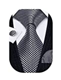 Barry.Wang Silver Plaid Tie Silk Woven Business Formal Black Necktie Hanky Cufflinks Set Fashion