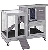 Aivituvin Upgrade Rabbit Hutch Indoor Bunny Cage with Run Outdoor Rabbit House with Two Deeper No Leak Trays - 4 Casters Include (Grey)