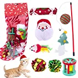 Christmas Cat Toys Stocking, 8 PCS Interactive Toys Assortment with Teaser Wand Feather Toy Bell Ball Wrinkle Balls Plush Santa Claus Candy Mouse with Catnip Cat Gifts for Indoor Outdoor