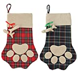 Xiaxiacole 2 Pieces Burlap Christmas Stockings Paw Stockings for Pet Dog Cat Plaid Santa Stocking Fireplace Hanging Stockings Personalize Christmas Decoration (Red/Green Paw Stockings)