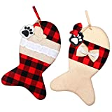 2 Pieces Burlap Pet Christmas Stockings Buffalo Plaid Large Fish Shaped Bow Pets Christmas Stockings for Christmas Tree Home Party Decorations