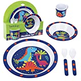 5 Pc Mealtime Baby Feeding Set for Kids and Toddlers - Includes Plate, Bowl, Cup, Fork and Spoon Utensil Flatware - Durable, Dishwasher Safe, BPA Free - Dino