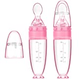 2 Pieces Baby Silicone Feeding Bottle Spoon Baby Food Feeder with Standing Base for Infant Dispensing and Feeding (Pink and Pink)