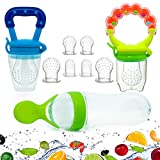 Gedebey Baby Food Feeder, Pacifier Fruit- 2 Pack Pacifiers, 1 Silicone Squeeze Spoon Bottle Fresh Frozen Fruit Teething Toys Nibbler Hygienic Cover Teeth with Meshes Sizes for Baby Food Spoon teether