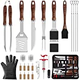 ROMANTICIST 26pcs Grilling Accessories Kit for Men Women, Stainless Steel Heavy Duty BBQ Tools with Glove and Corkscrew, Grill Utensils Set in Portable Canvas Bag for Outdoor,Camping,Backyard,Brown