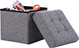 Ornavo Home Foldable Tufted Linen Storage Ottoman Square Cube Foot Rest Stool/Seat - 15" x 15" x 15" (Grey)