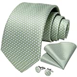 DiBanGu Mens Polka Dot Necktie Silk Sage Green Tie and Pocket Square Cufflink Set Party