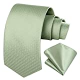 HISDERN Sage Solid Color Herringbone Tie for Men Handkerchief Silk Classic Necktie & Pocket Square Set Wedding Business