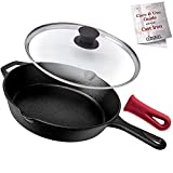 Cast Iron Skillet with Lid - 10"-Inch Frying Pan + Glass Cover + Heat-Resistant Handle Holder - Pre-Seasoned Oven Safe Cookware - Indoor/Outdoor Use - Grill, Stovetop, Camping Firepit, Induction Safe