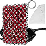 Herda Cast Iron Skillet Cleaner, Upgraded Chainmail Scrubber Chain Scrub for Cast Iron Pan 316 Stainless Steel Metal Scraper Brush for Cast Iron Wok Accessories Cleaning Sponge Tool Kit Cloth Set(Red)