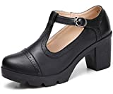 DADAWEN Women's Classic T-Strap Platform Mid-Heel Square Toe Oxfords Dress Shoes Black US Size 7