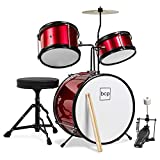 Best Choice Products Kids Beginner 3-Piece Drum Set, Junior Size Musical Instrument Practice Kit w/ Sticks, Cushioned Stool, Cymbal, 2 Toms, Bass, Drum Pedal - Red
