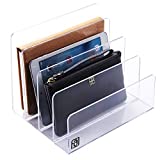 Acrylic File Organizer Holder, Laptop, Folder, Palette Makeup, Office, Letter, Notebook, Electronics, Purse, Book, Clear Lucite Paper Sorter, 4 Section, 9-Inch Wide x 7-Inch Deep x 7-Inch High