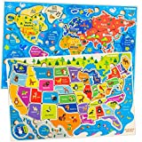 Wooden Puzzles for Kids Ages 3-5 by QUOKKA  3 Educational Wood Toys for Kids 4-8 Year Old  Learning United States Game for 6-8-10 yo  Gift World, Space and USA Maps for Boys and Girls