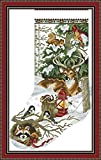 YEESAM ART Cross Stitch Kits Stamped for Adults Beginner Kids, Christmas Stockings Deer Birds Animal 11CT 43×68cm DIY Embroidery Needlework Kit with Easy Funny Preprinted Patterns Needlepoint