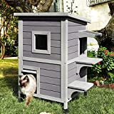 Aivituvin 2-Story Cat Cat House Outdoor, Wooden Pet Home with Balcony
