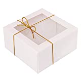 White Bakery Boxes with Window (20 Pack, 6x6x3 Inch)-Includes 20 Gold Elastic Bowties-Pre Assembled Auto Pop Up Bakery Box-Multipurpose use as Cookie Boxes, Dessert Boxes, Pastry Boxes, Treat Boxes