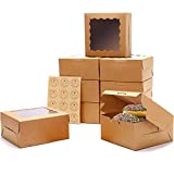 LINSHRY 30 Pack Bakery Boxes with Window 6x6x3 Inch Brown Kraft Pastry Box for Cookies, Donuts, Small Pie Gift Packaging, Stickers Included