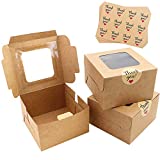 WYKOO 50 Pack 4 x 4 x 2.5 Inches Small Cookie Boxes with Window Brown Bakery Boxes Cake Boxes Kraft Pastry Boxes for Mini Cookies, Cupcakes, Dessert, Single Donut, Stickers Included