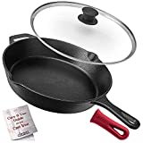 cuisinel Cast Iron Skillet with Lid - 12"-Inch Frying Pan + Glass Lid + Heat-Resistant Handle Cover - Pre-Seasoned Oven Safe Cookware - Indoor/Outdoor Use - Grill, BBQ, Fire, Stovetop, Induction Safe