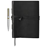 Elizo Refillable Leather Journal Lined Pages - Black Leather Journal for Men and Women - Leather Notebook - Leather Bound Journal – Large Leather Writing Notebook with Pen – 240 Pages, 7x9 – 1002