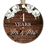 Mr. & Mrs. Christmas Tree Ornament 4th Fourth Wedding Anniversary Ceramic Collectible Gift Four Years Married Husband & Wife Rustic Country Keepsake 3" Flat Porcelain with Gold Ribbon & Free Box