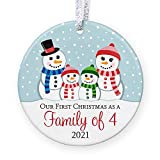 First Christmas Family of Four Ornament 2021 New Parents Second Child Baby Shower Gift for Growing Family - 3" Flat Circle Ceramic Ornament, Gold & Silver Ribbon + Free Gift Box