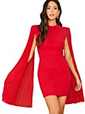 SheIn Women's Cloak Long Sleeve Mini Cape Dress Mesh Pleated Split Short Bodycon Dresses Sexy Red Small