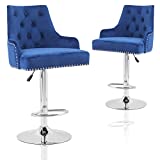 Velvet Bar Stools Chairs Adjustable Height Swivel Bar Stool with Button Tufted Upholstered Barstools Footrest and Back for Counter Kitchen Island Kitchen 2 Pack (Blue)