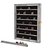 Military Challenge Coin Display Case Lockable Wood Cabinet Rack Holder Vintage White Shadow Box with Removable 2 Grooves Shelves and Anti Fade Real Glass Door for Casino Poker Chips Collectibles