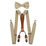 Suspenders For Men,Women Adjustable Suspends Bow Tie Set Solid Color Y Shape (Khaki-Leather)