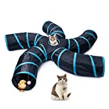 EGETOTA Cat Tunnel for Indoor Cats Large, with Play Ball S-Shape 5 Way Collapsible Interactive Peek Hole Pet Tube Toys, Puppy, Kitty, Kitten, Rabbit (Blue & Black)