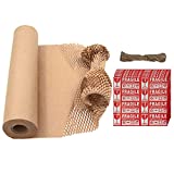 Ecoducer 15”x164’ Honeycomb Packing Paper for Moving Breakables or Shipping, plus Fragile Stickers. Eco Friendly Products Alternative to Bubble Cushioning Wrap or Packing Peanuts. Kraft Paper Packaging Roll