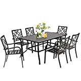 SUNCROWN 7-Piece Outdoor Wrought Iron Chairs and Table Patio Dining Furniture Set - 6 Stackable Metal Chairs and 1 Rectangular Steel Slat Bistro Table with 1.57" Umbrella Hole for Garden Backyard Deck