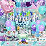 202 PCS Little Mermaid Party Decorations Mermaid Balloons for Girls, Banner & Tablecloth, Cutlery Sets & Plate, Mermaid Birthday Decorations , Satin Sash & Key Chain, Cakecpu & Blowouts Much More,Serves 16 guests