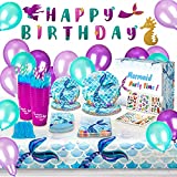 Mermaid Birthday Party Supplies and Decorations Kit - Paper Plates, Tattoos, Napkins, BPA Free Cups, Table Cloth, Happy Birthday Banner, Balloons, Straws, Cutlery + Bag - Girls Party Favors-Serves 16