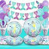 Mermaid Birthday Party Decorations & Supplies Complete Set Kit | Iridescent Banner Plates Cups Cutlery Napkins Balloons Net Turquoise Tablecloth | Serves 16
