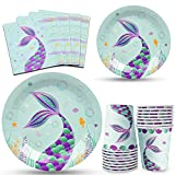 WERNNSAI Mermaid Party Supplies Set - Mermaid Party Tableware Kit Include Dinner Dessert Plates Cups Napkins for Girls Birthday Baby Shower Disposable Mermaid Dinnerware Pack Serves 16 Guests 64PCS