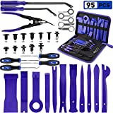 PTSTEL 95Pcs Trim Removal Tool Car Panel Door Audio Trim Removal Kit Multiple Auto Clip Pliers Fastener Remover Set Pry Puller Crowbar Car Upholstery Terminal/Stereo Repair Blue with Storage Bag