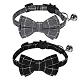 SLSON 2 Pack Breakaway Cat Collar with Bell and Bow Tie Plaid Kitten Collar for Cats and Small Dogs Pets Adjustable from 8-11In, Black and Grey