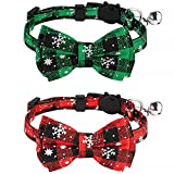 VMPETV Christmas Cat Collar Breakaway Kitten Collar with Bell and Cat Bow Tie, Adjustable Safety Cat Collars for Boy Cats, Cute Plaid Snowflake Xmas Cat Accessories for Kitty, Puppy 2 Pack